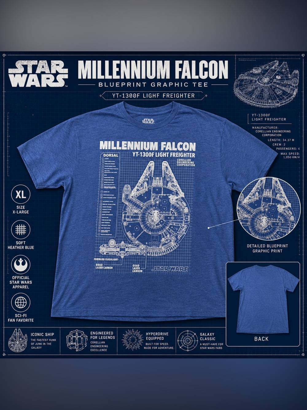 Star Wars Millennium Falcon Blueprint Graphic Tee Blue XL Disney Lucasfilm